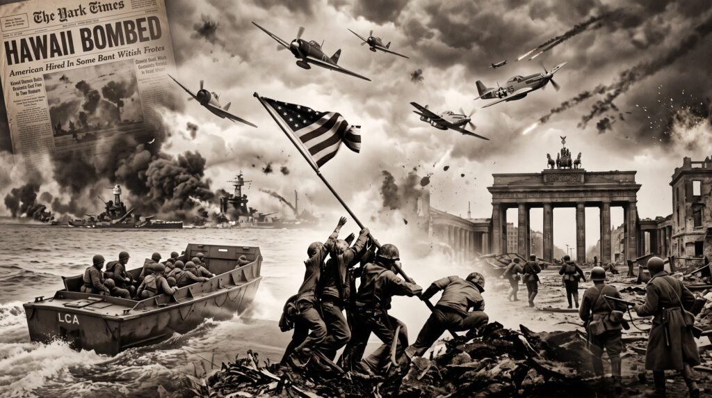 Collage histórico resumen de la Segunda Guerra Mundial